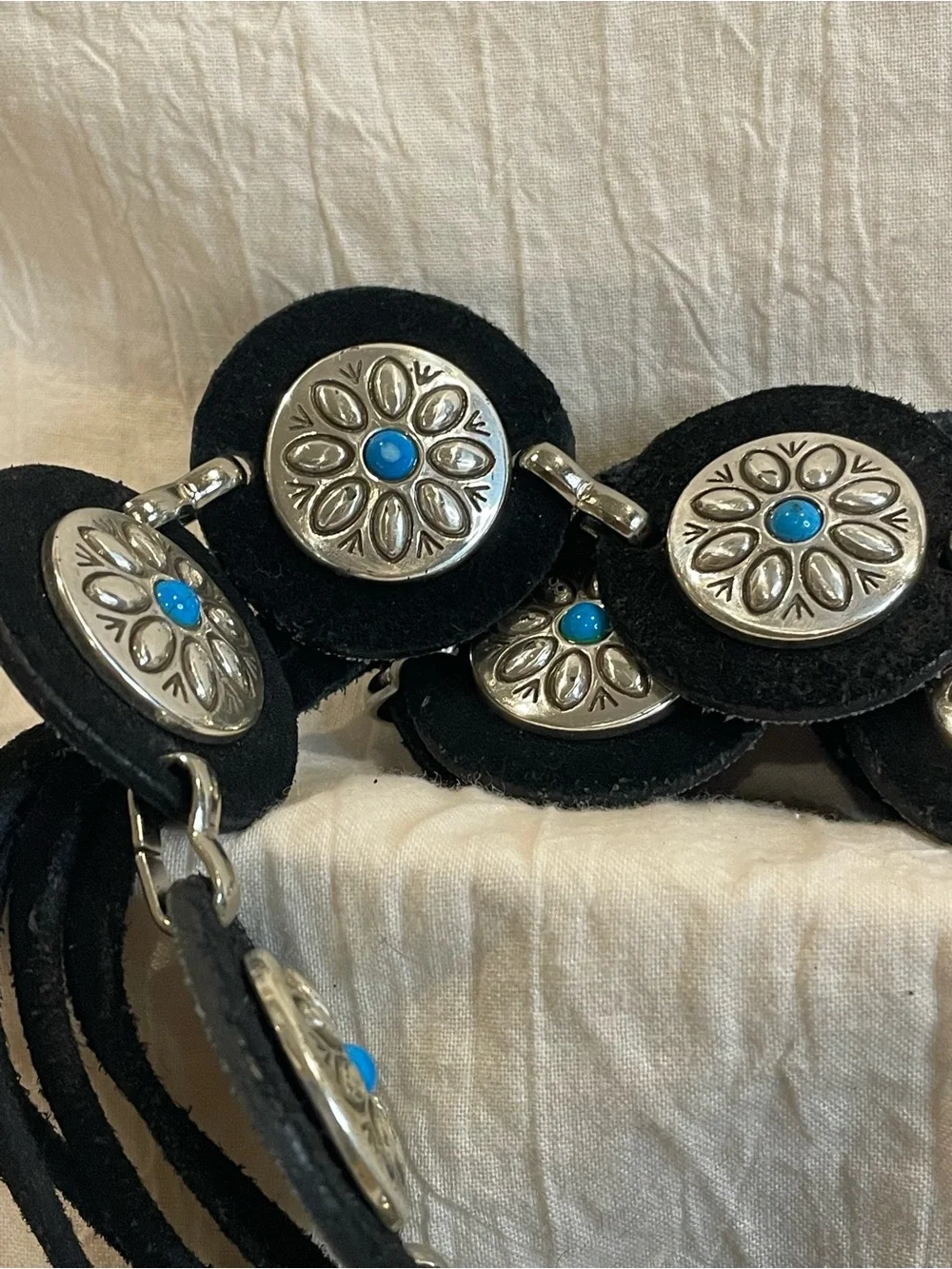 Nocona XL Black Leather Concho Belt Turquoise Western Boho Cowgirl Fringe Tie